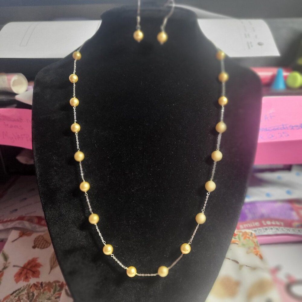 Swarovski Crystal Gold Pearl Sterling Silver Station Necklace & Earrings Set